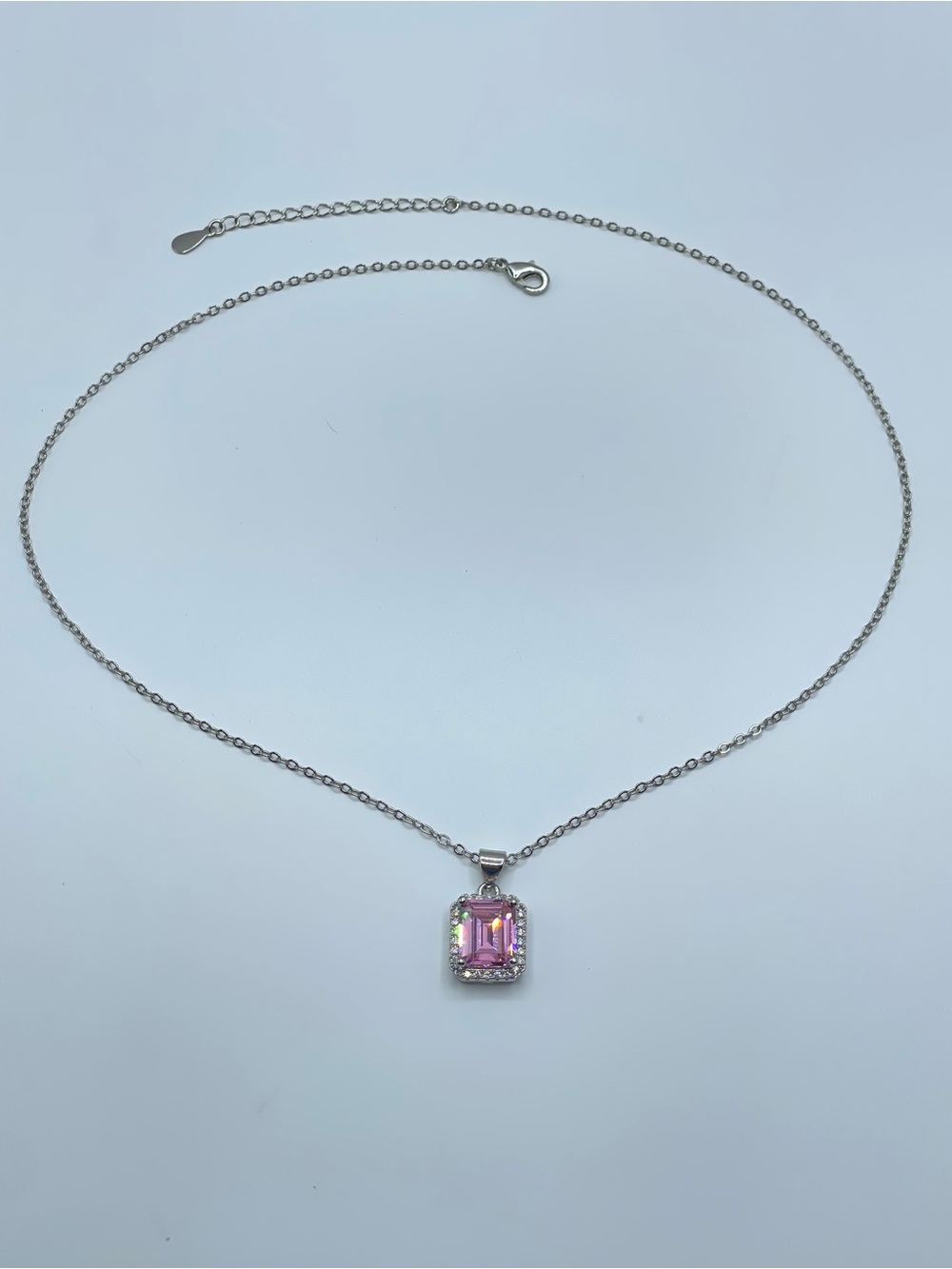 Silver Pink Crystal Halo Pendant Necklace Emerald Cut Glam Statement - Picture 2 of 5